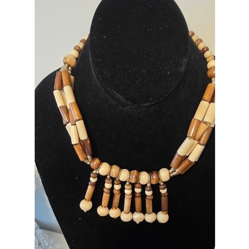 Choker Necklace Statement Wood Beaded Brown Cream Brass Accents